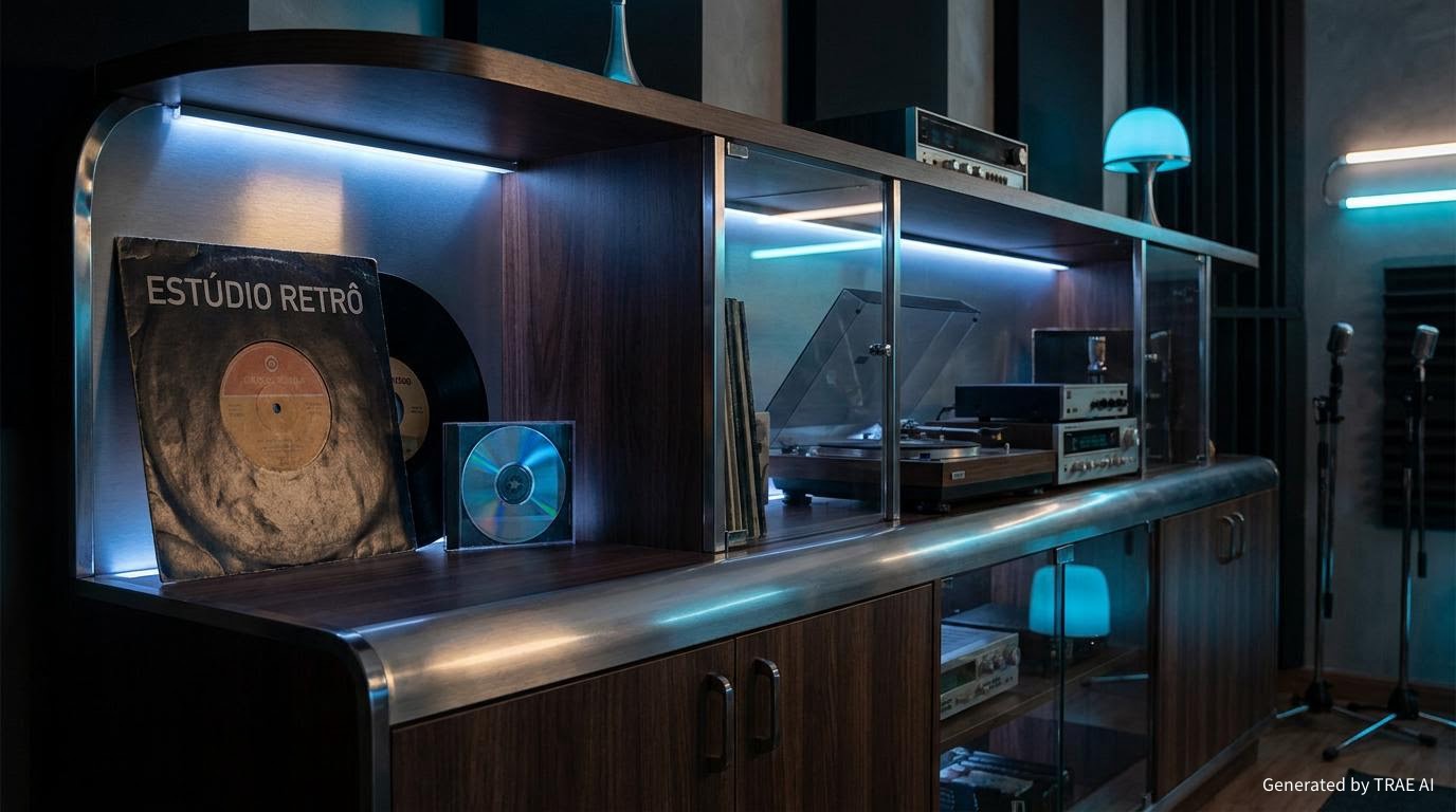 Vitrine retro com vinil e CD com reflexo
